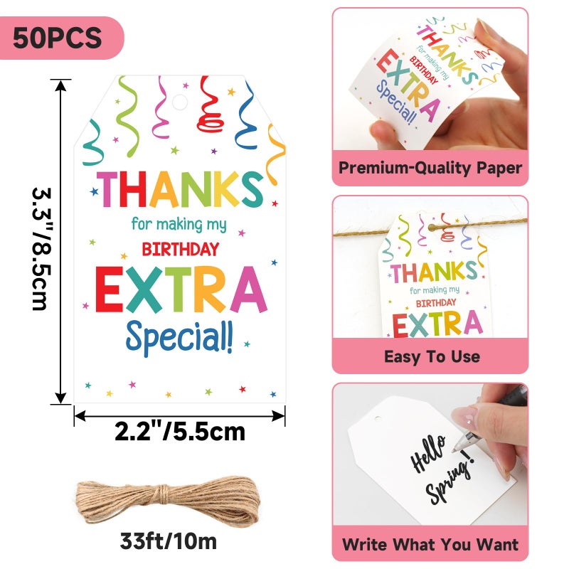 Anwyll Thank You Tags for Birthday Party Favors 50Pcs Confetti Birthday Thank You Gift Tags with String Thank You for Coming and Making My Birthday Extra Special Tags Happy Birthday Tags for Treat Bag - Image 3